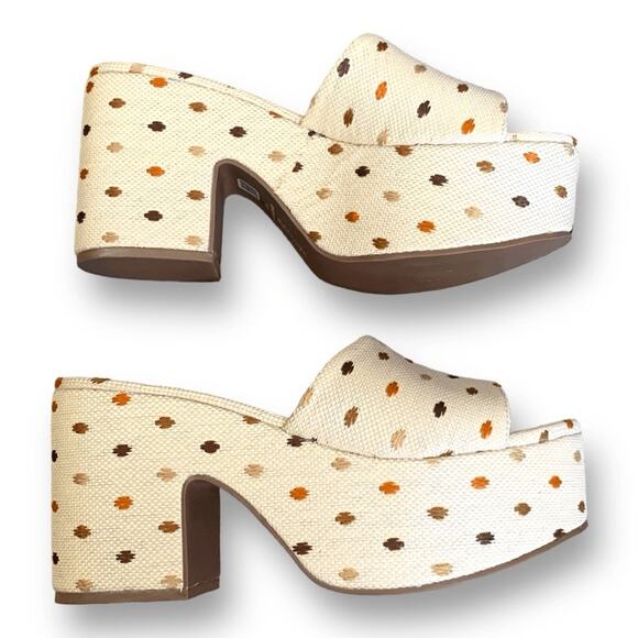 Larroude Miso Platform Mule Sandal Cream Raffia Polka Dot Embroidery Size 7.5